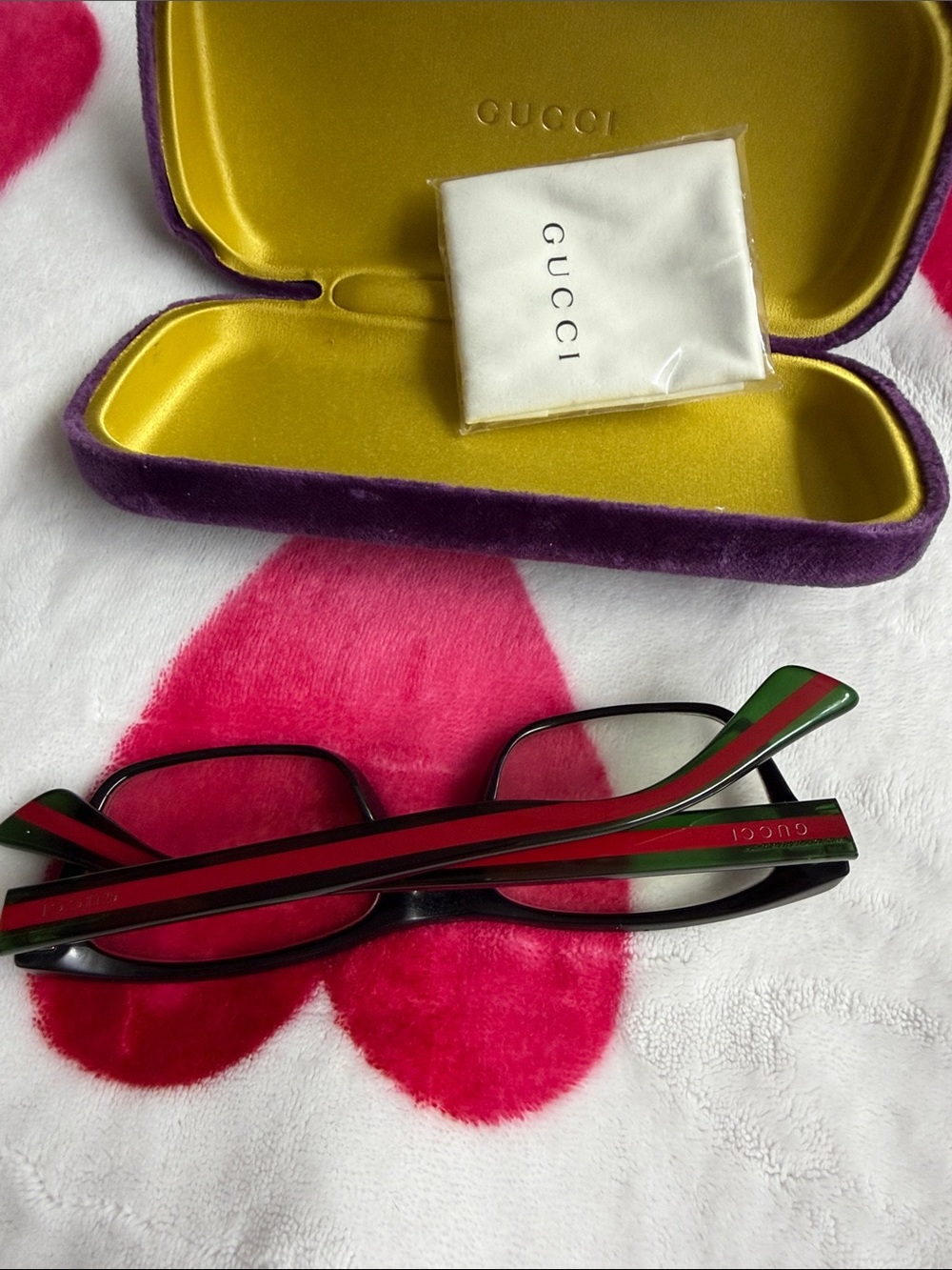 Gucci Black Frames with Green Temples and Purple Case
